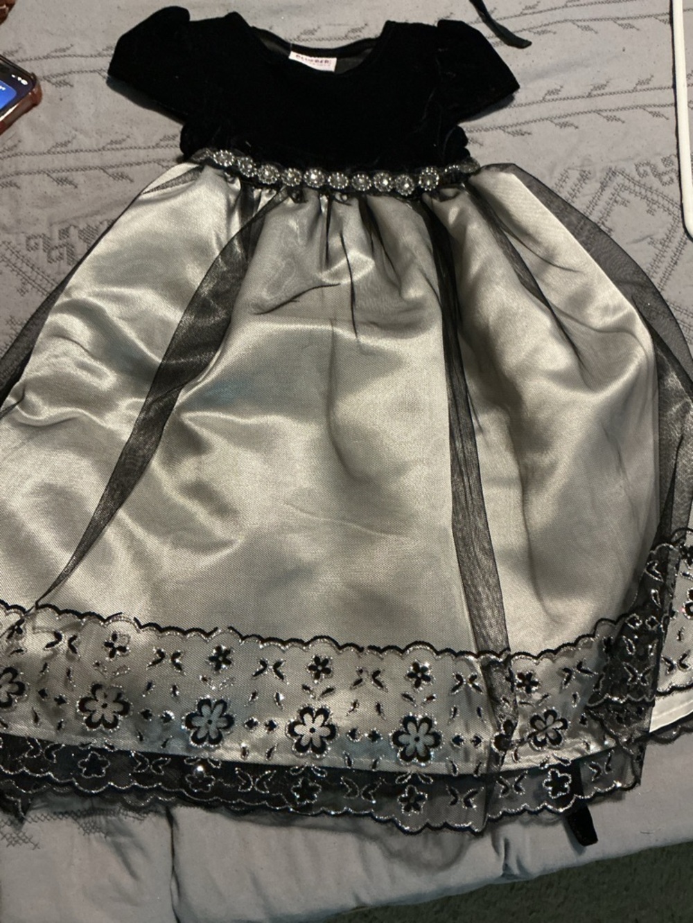 Blueberi Boulevard Black and Silver Floral Trim Party Dress